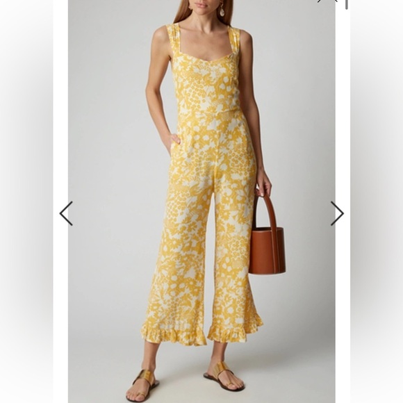 Faithfull The Brand KASBAH FLORAL-PRINT CREPE JUMPSUIT IN YELLOW Size S - Picture 1 of 12